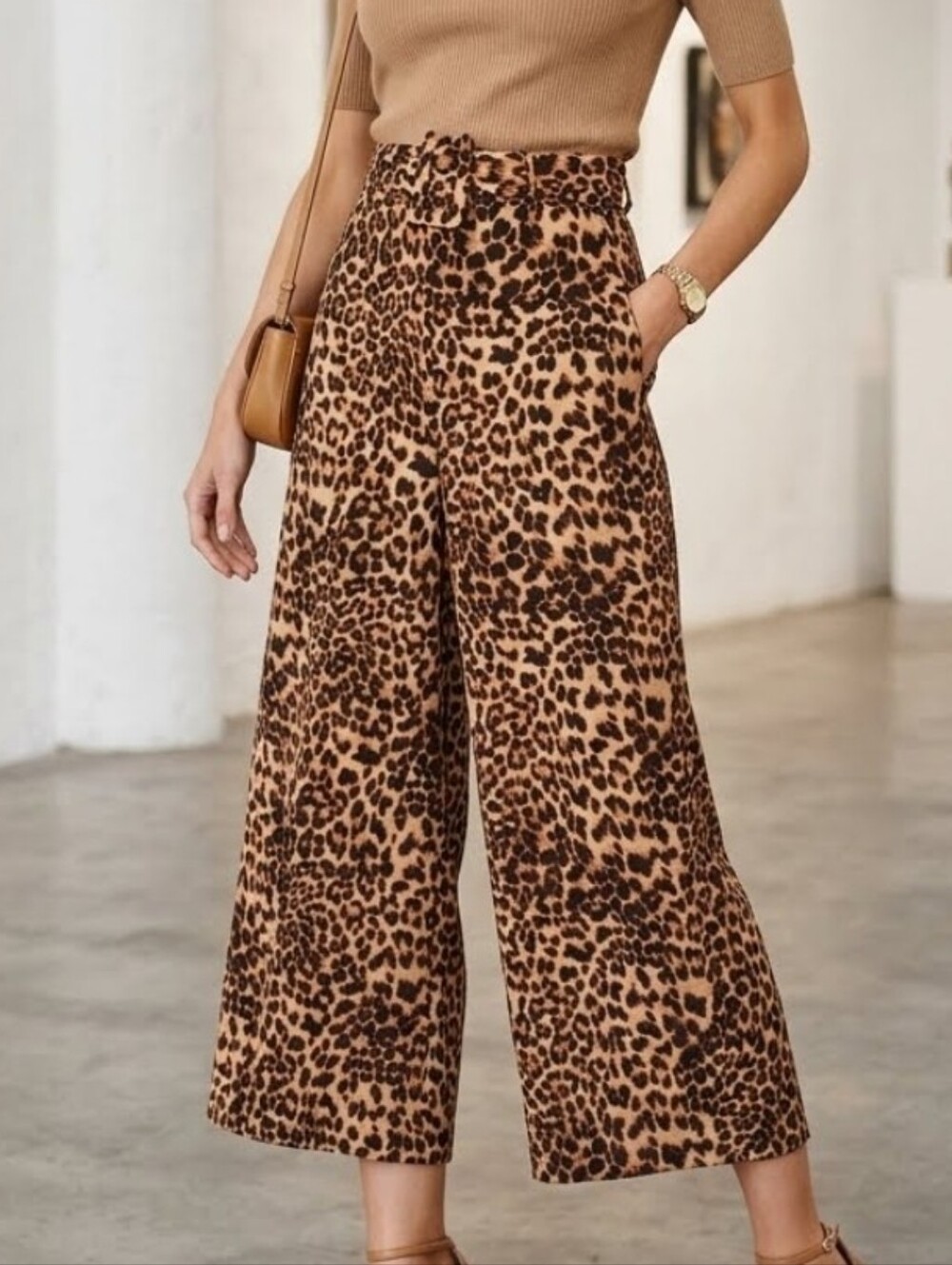 No Comment Pants Wide Leg Lounge Leopard Print Belted Waist Brown Size M